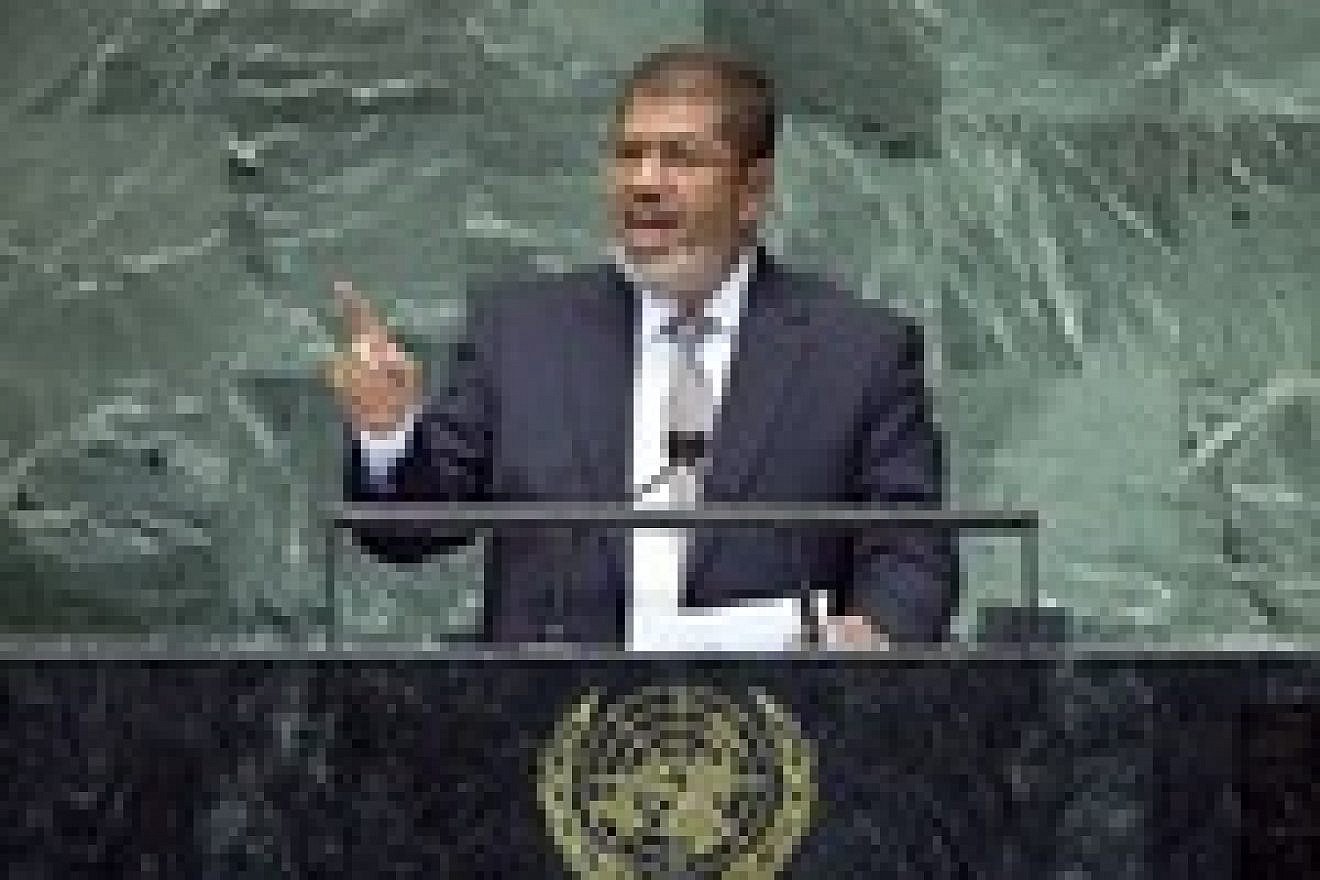 Click photo to download. Caption: Mohamed Morsi, president of Egypt, addresses the 67th United Nations General Assembly in September. UN Photo/Marco Castro.