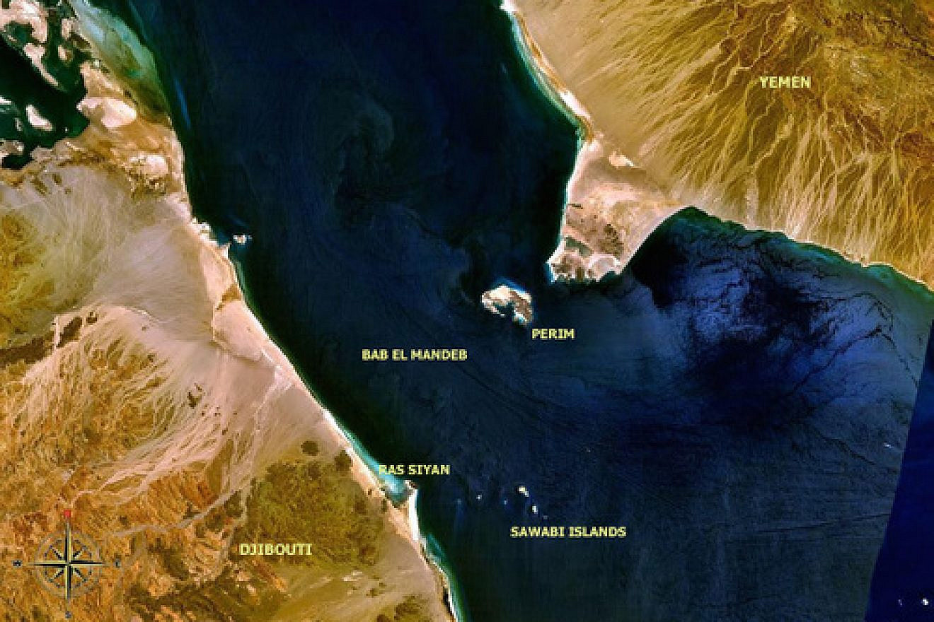 Some 40% of the Persian Gulf oil destined for Western Europe passes through the Bab el-Mandeb Strait (pictured) in the southern part of the Red Sea. Credit: NASA.