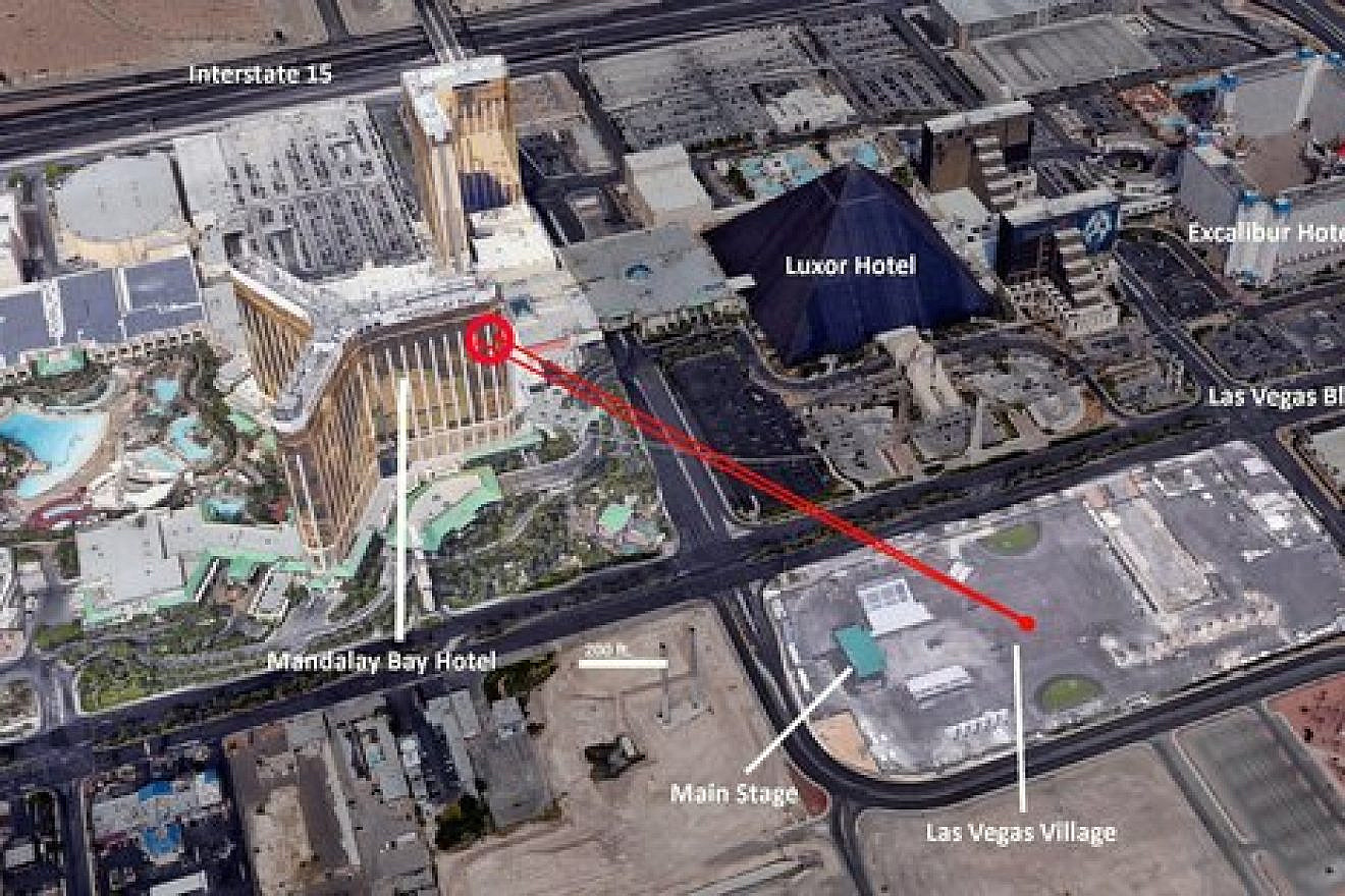 A diagram illustrating the position and view the perpetrator of the Las Vegas shooting had on the country music festival. Credit: Wikimedia Commons.