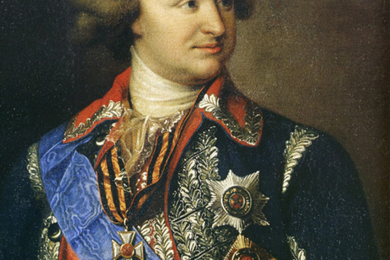 Grigory Alexandrovich Potemkin, a Russian cabinet minister, is said to have constructed fake villages to impress the Czarina Catherine II during her visit to the Crimea in 1787 just like the Palestinian Authority recently removed a monument showing all of Israel as “Palestine” from the travel route of U.S. President Barack Obama. Credit: Wikimedia Commons.