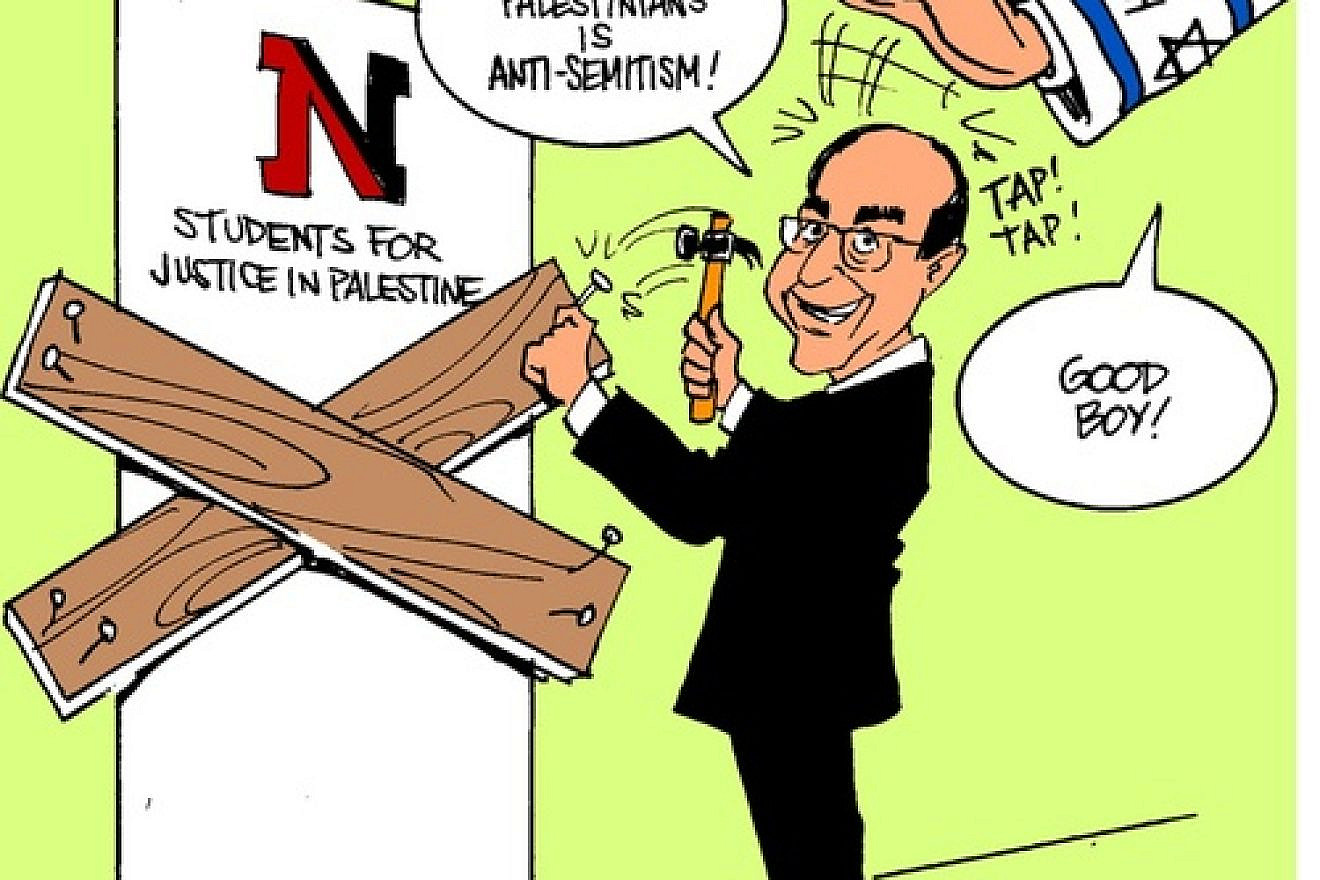 A cartoon posted on the Facebook page of Northeastern University's Students for Justice in Palestine chapter—which was recently suspended for a year—depicts University President Joseph Aoun nailing boards on the door of the student group. Mirroring the conspiracy theory that Israel controls American foreign policy, the cartoon features a disembodied arm from the sky—with a Star of David and “The Lobby” written on its sleeve—patting Aoun on the head. Credit: Northeastern SJP Facebook page.