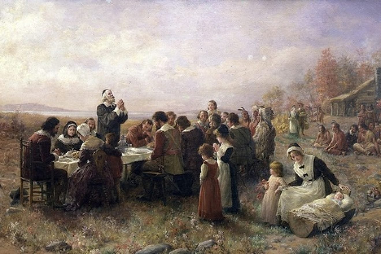 "The First Thanksgiving at Plymouth," by Jennie A. Brownscombe. JNS.org examines whether Thanksgiving was shaped by Sukkot. Credit: Jennie Augusta Brownscombe via Wikimedia Commons.