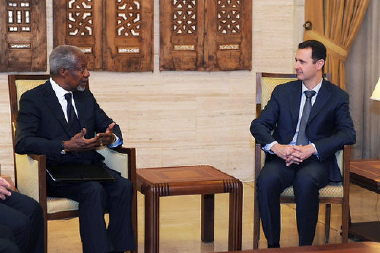 Kofi Annan (left), then the joint envoy of the United Nations and the Arab League on the Syrian crisis, meets with Syrian President Bashar al-Assad in Damascus on March 10, 2012. From 1998-2014, Rutgers university professor Dr. Mazen Adi served in the Syrian Foreign Ministry and with Syria’s U.N. delegation. Jewish leaders are criticizing Rutgers for its continued employment of Adi, who has vigorously defended Assad. Credit: U.N. Photo/Reuters/SANA.