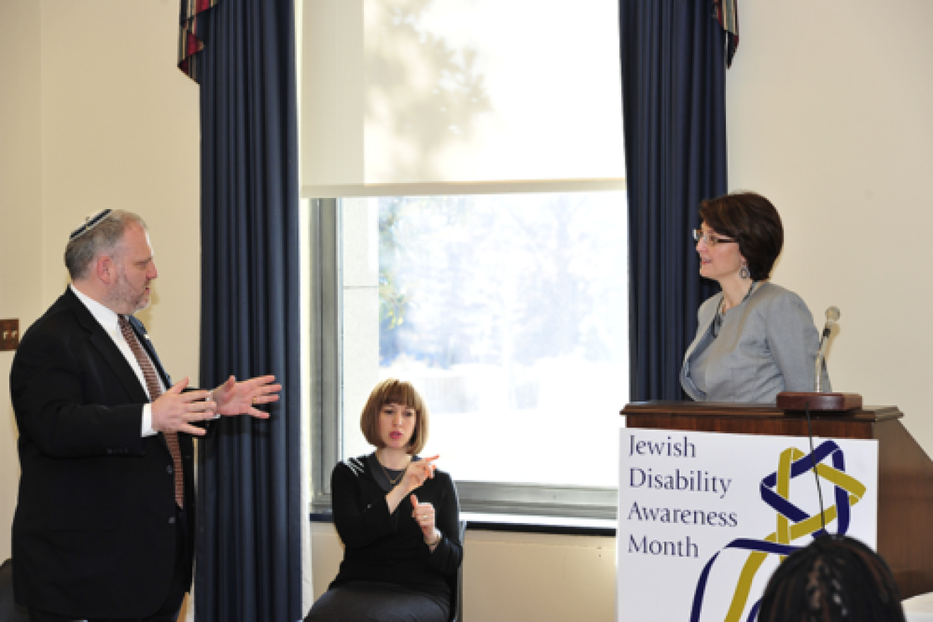 William Daroff (pictured at left), senior vice president for public policy at the Jewish Federations of North America, speaks to U.S. Rep. Cathy McMorris Rodgers (R-Wash., pictured at the podium) during Jewish Disability Advocacy Day in 2013. Credit: The Jewish Federations of North America.