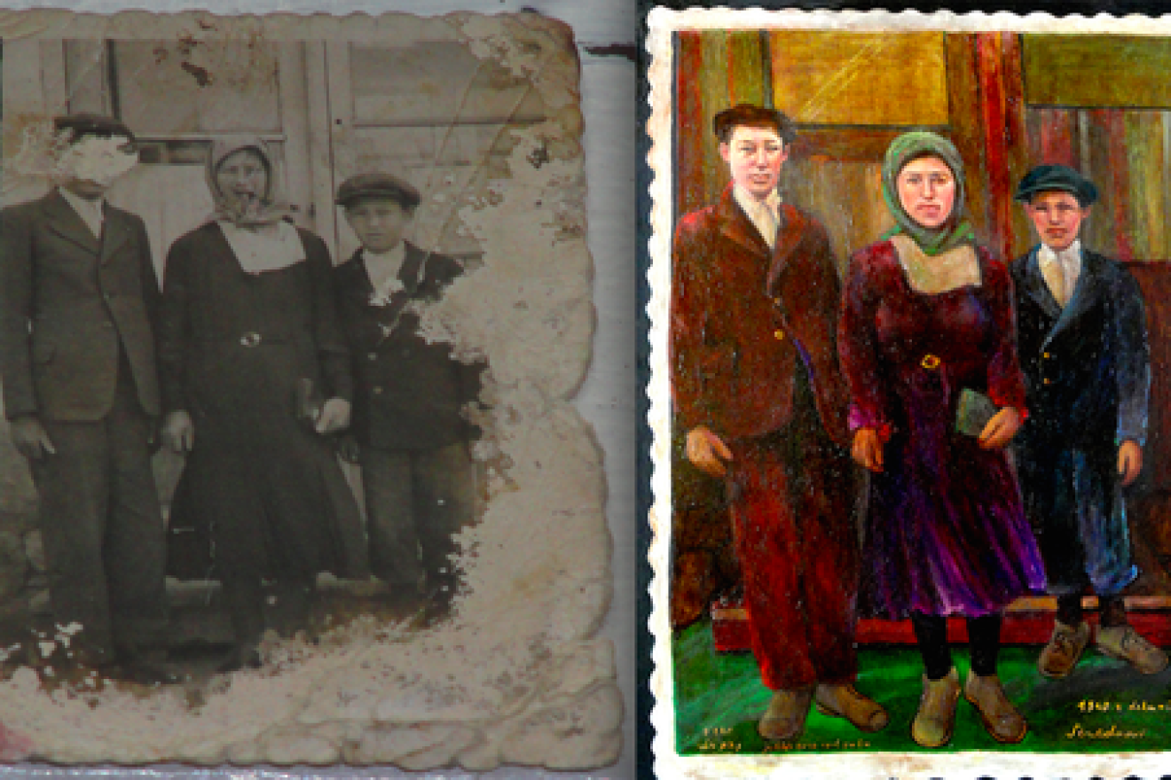Click photo to download. Caption: The face of Herman (at left in both photos), the brother of Nathan Moskowitz's father, was forensically and artistically reconstructed in a family painting (the photo at right) that was entered as evidence in the Oskar Groening trial. Credit: Courtesy Nathan Moskowitz.