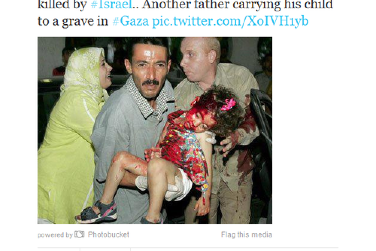 Click photo to download. Caption: Not only was the child pictured March 10 on Twitter not killed by Israel in recent fighting, as implied, but she was not killed by Israel at all. The picture was from 2006 and the girl died in an accident. Credit: Twitter.