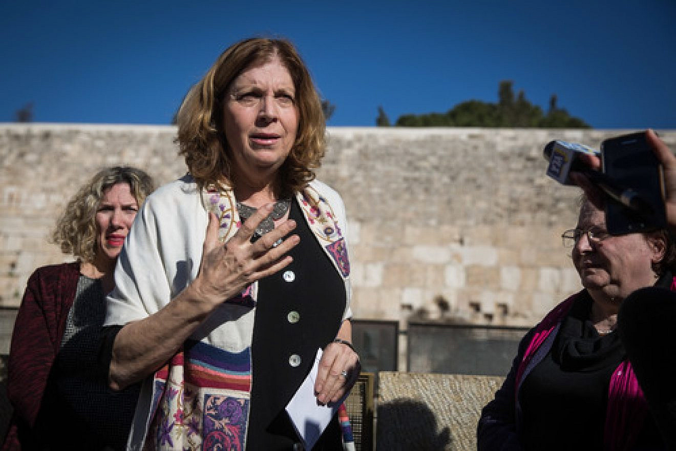Anat Hoffman, leader of the Women of the Wall group, speaks with members of the media near the Western Wall on Jan. 31, reacting to the Israeli government's passage of a new plan on egalitarian prayer rights at the Jewish holy site. Credit: Hadas Parush/Flash90.