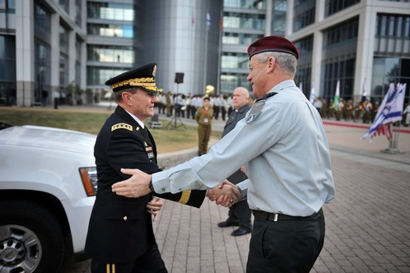 Chairman of the Joint Chiefs of Staff of the United States Military, Gen. Martin E. Dempsey, meets Israel Defense Forces Lt. Gen. Benny Gantz in Israel. Dempsey says he consults with Gantz once every two weeks, and one of their conversation topics these days is Iran’s nuclear program. Credit: Israel Defense Forces.