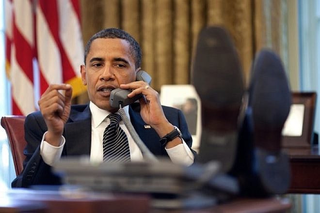 President Barack Obama talks with Israeli Prime Minister Benjamin Netanyahu during a phone call from the Oval Office, Monday, June 8, 2009. Credit: White House/Pete Souza.
