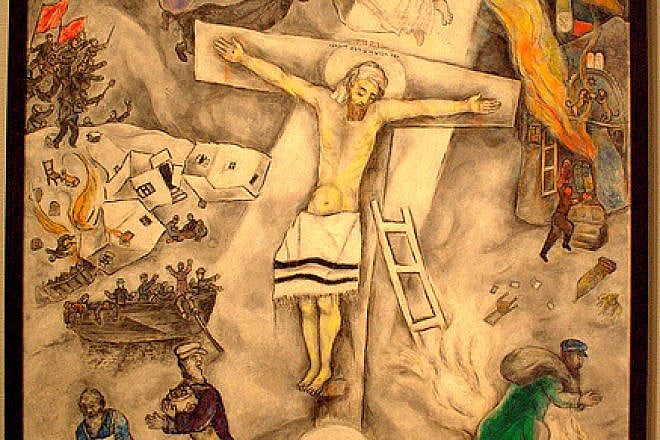 March Chagall's "White Crucifixion" depicted Jesus' crucifixion with strong Jewish imagery, thereby tying the holidays of Passover and Easter even closer together. Note: This is a screen grab, not the hi-res image. The original image belongs to the Art Institute of Chicago.