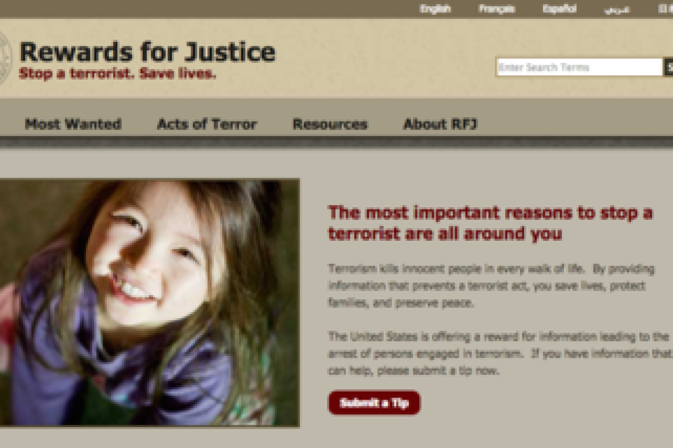 Click photo to download. Caption: The website of the State Department's "Rewards for Justice" program. Credit: RewardsForJustice.net screenshot.