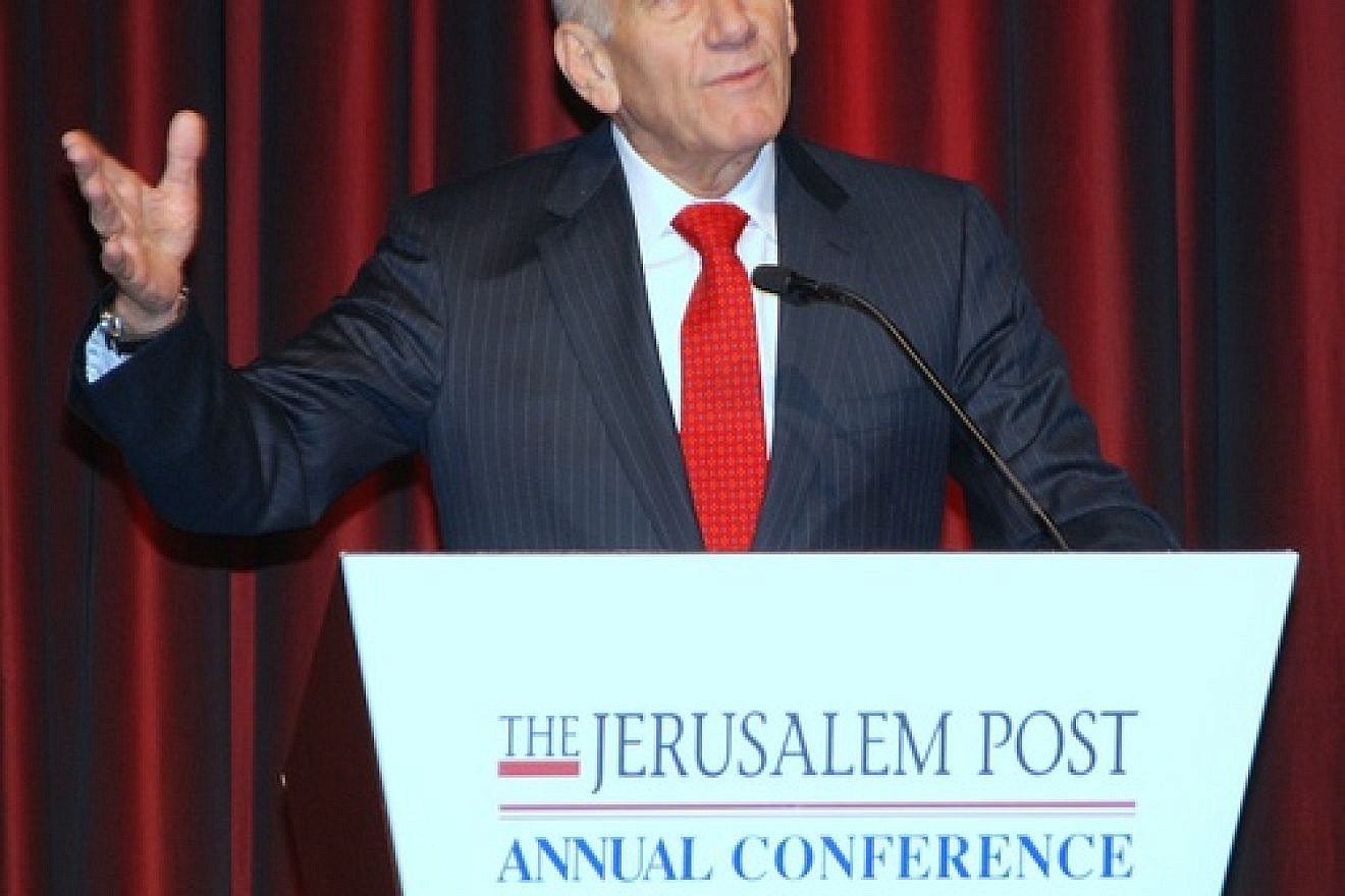 Click photo to download. Caption: Former Israeli prime minister Ehud Olmert speaks at Sunday's Jerusalem Post Conference in New York. Credit: Maxine Dovere.