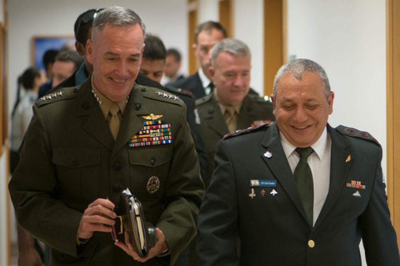 Israel Defense Forces Chief of Staff Lt. Gen. Gadi Eizenkot (front, at right) with U.S. Marine Gen. Joseph F. Dunford Jr. in Tel Aviv on Oct. 18, 2015. Credit: Department of Defense Photo by D. Myles Cullen/Released.