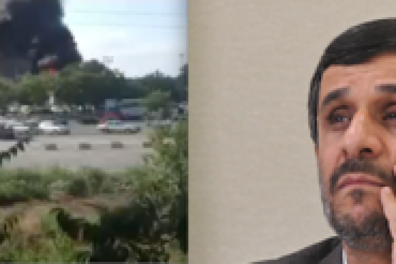 Click photo to download. Caption: According to JNS.org columnist Jonathan Tobin, the "true face of Iran" was revealed on the bloodstained pavement of Burgas, Bulgaria, where a terrorist bombing (pictured at left) took the lives of five Israeli tourists and a local bus driver. The face of Iran can also be seen as President Mahmoud Ahmadinejad (pictured at right), whose Holocaust denial is well known. Credit: Wikimedia Commons/YouTube.