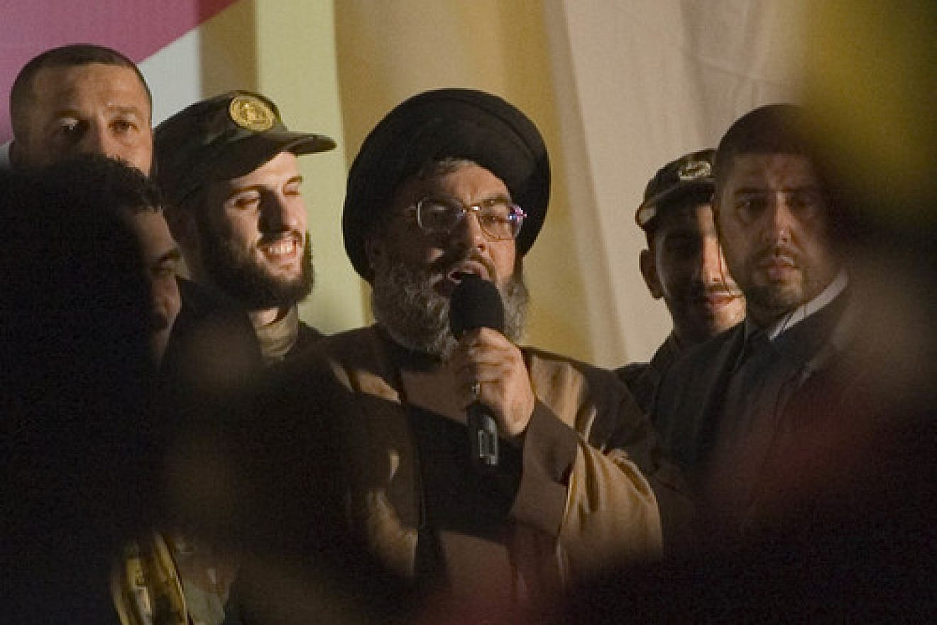 Hassan Nasrallah, then-leader of the Lebanese terrorist group Hezbollah, makes a rare public appearance in a suburb of Beirut in July 2008. Photo by Ferran Queved/Flash90.