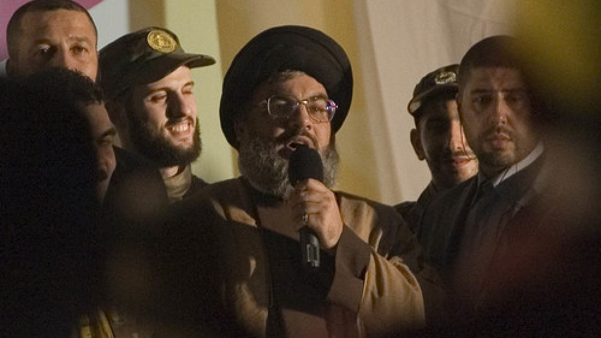 Hassan Nasrallah, then-leader of the Lebanese terrorist group Hezbollah, makes a rare public appearance in a suburb of Beirut in July 2008. Photo by Ferran Queved/Flash90.