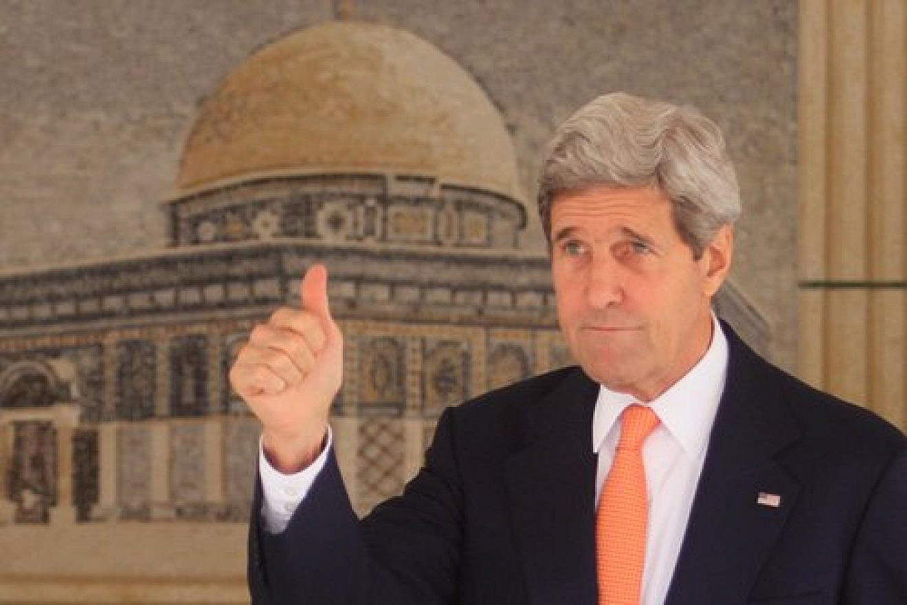 U.S. Secretary of State John Kerry at the Palestinian presidential compound in the West Bank city of Ramallah on July 23, 2014. Credit: Issam Rimawi/Flash90.