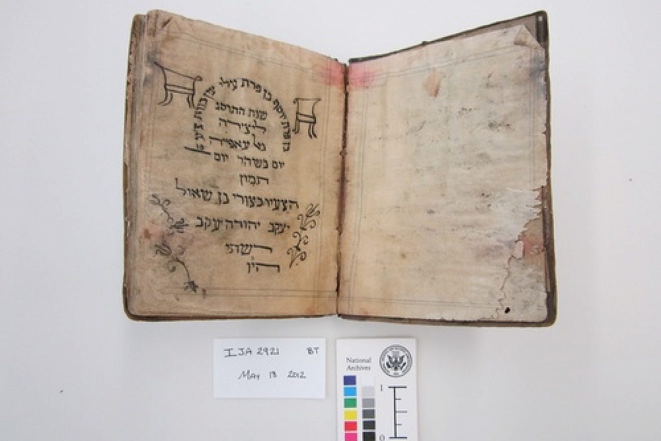 Before treatment by the National Archives and Records Administration, a Passover haggadah from 1902 recovered from the Mukhabarat, Saddam Hussein’s Intelligence Headquarters. The haggadah is part of what has become known as the Iraqi Jewish Archive. Credit: National Archives and Records Administration