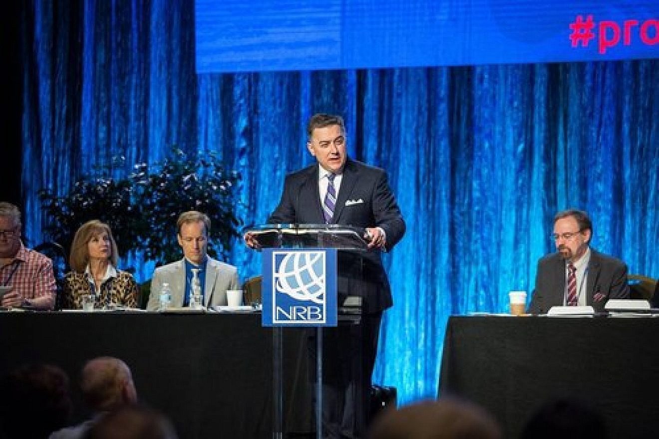 National Religious Broadcasters (NRB) President Dr. Jerry Johnson (at podium) speaks at the organization’s International Christian Media Convention Feb. 27 in Orlando, Fla. Johnson said that the “DNA of NRB is pro-Israel, because it is a biblical DNA.” Credit: NRB via Facebook.