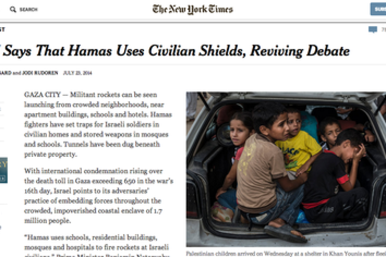 Click photo to download. Caption: The webpage of a July 23 New York Times article that columnist Debra Feuer calls an "erroneous and shameful defense of Hamas," regarding the Palestinian terror group's use of human shields. Credit: Screenshot of New York Times website.