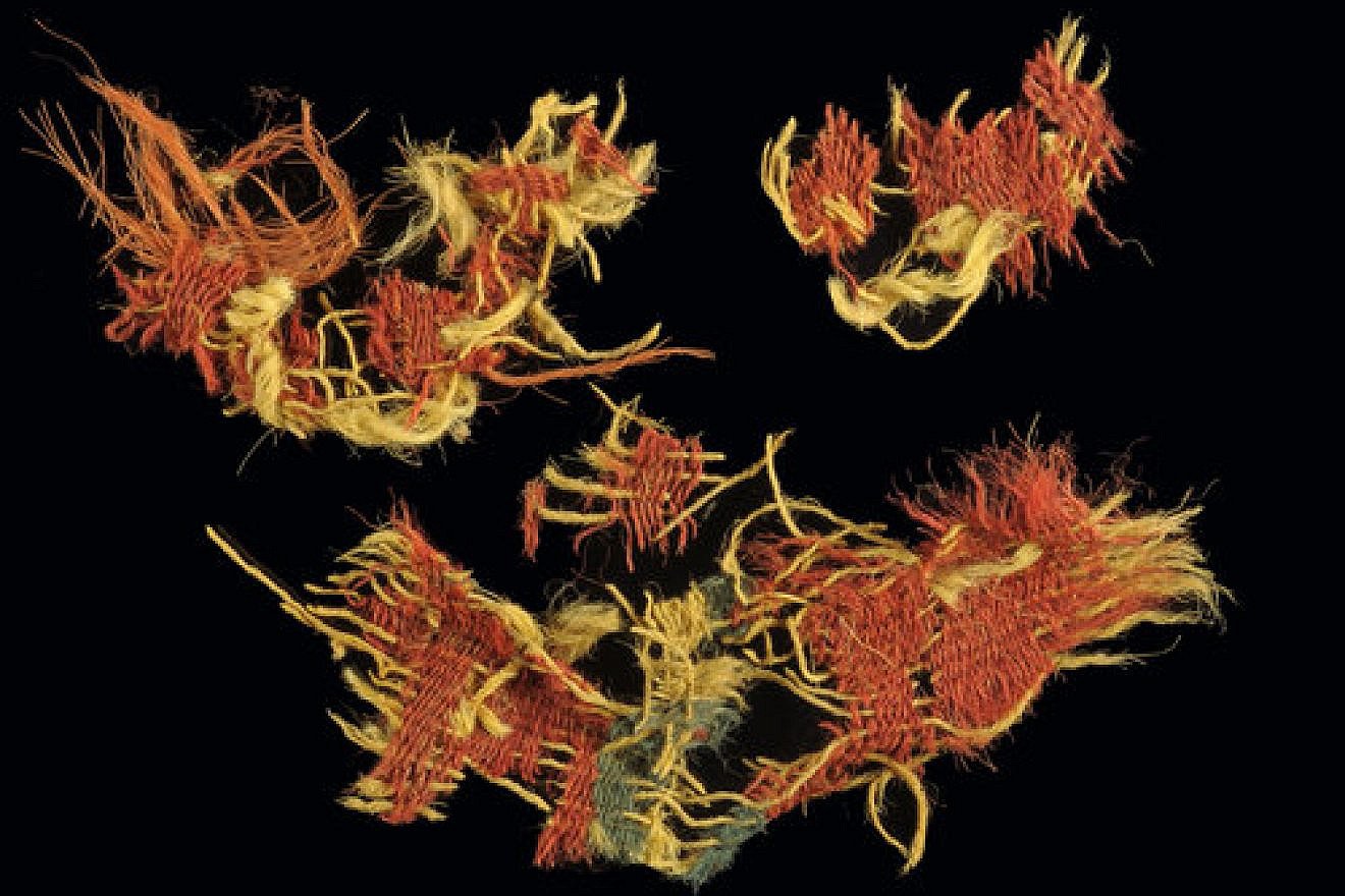 One of the textiles dyed with a red-and-blue pattern that was discovered in southern Israel’s Timna Valley. Israeli researchers say the textiles were used during the time of Kings David and Solomon. Credit: Dr. Naama Sukenik/Israel Antiquities Authority.