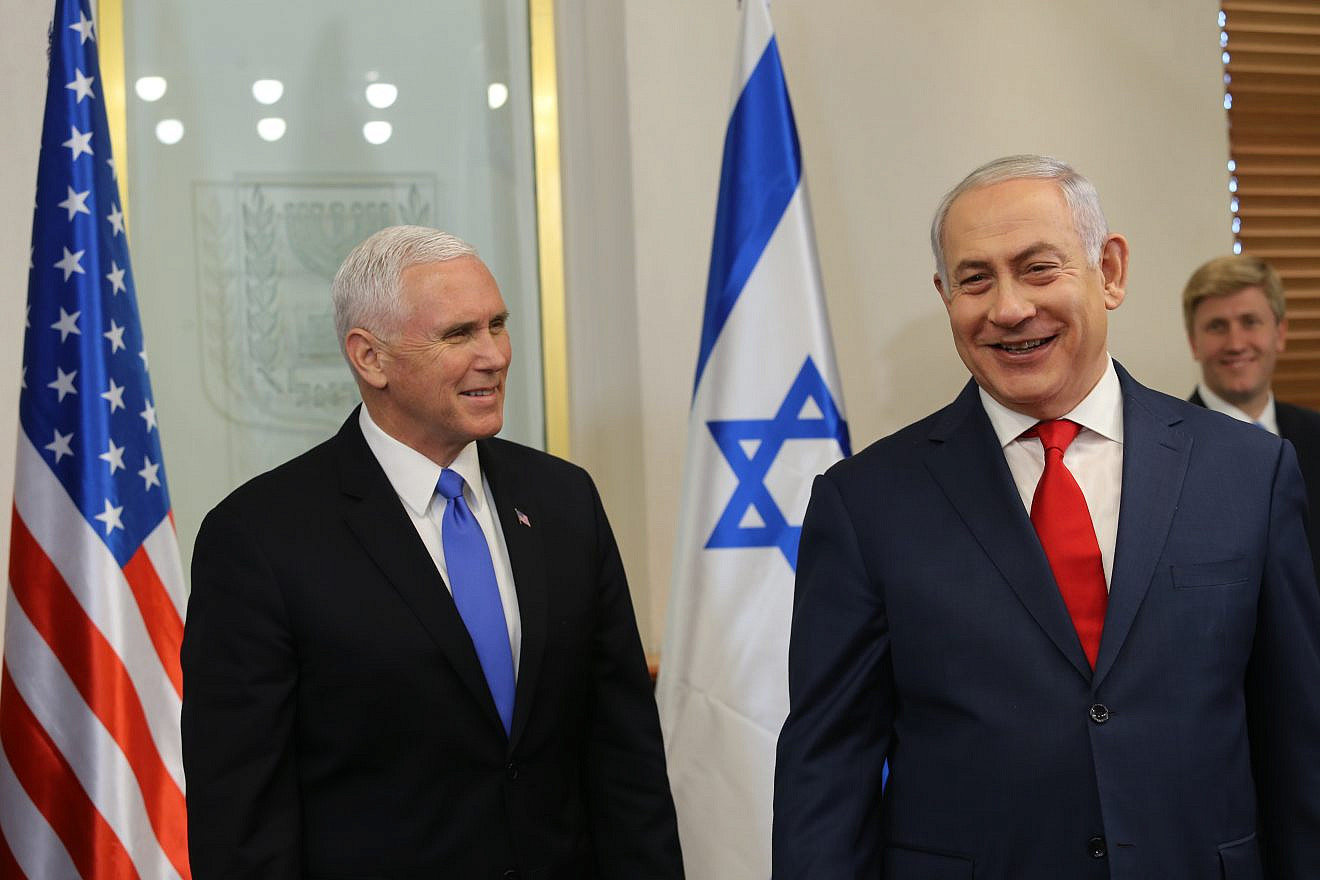 Vice President Mike Pence is welcomed by Israeli Prime Minister Benjamin Netanyahu at the Prime Minister's Office in Jerusalem on January 22, 2018. Credit: Alex Kolomoisky/POOL/Flash90.