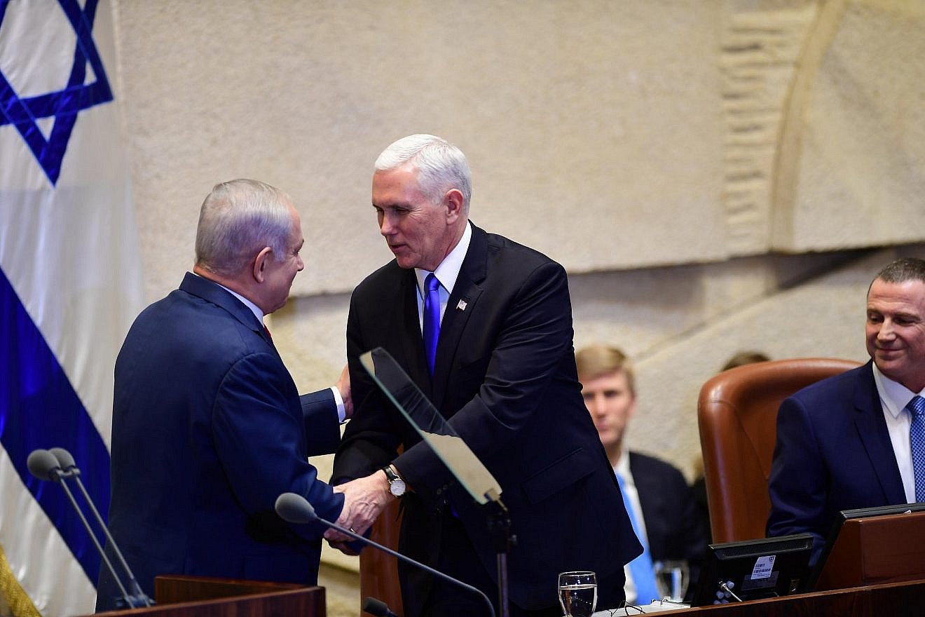 U.S. Vice President Mike Pence shakes hands with Israeli Prime Minister Benjamin Netanyahu at the Knesset, Jan. 22, 2018. Credit: Israleli Prime Minister Benjamin Netanyahu official Twitter page.