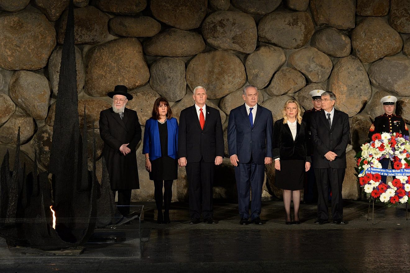 Vice President Mike Pence (third from left) visits the Yad Vashem Holocaust memorial during his recent trip to Israel. Pence has drawn heat for International Holocaust Remembrance Day remarks about Israel rising from the ashes of the Holocaust, with his critics describing the comments as an insult to dead Jews. Credit: Haim Zach/GPO.