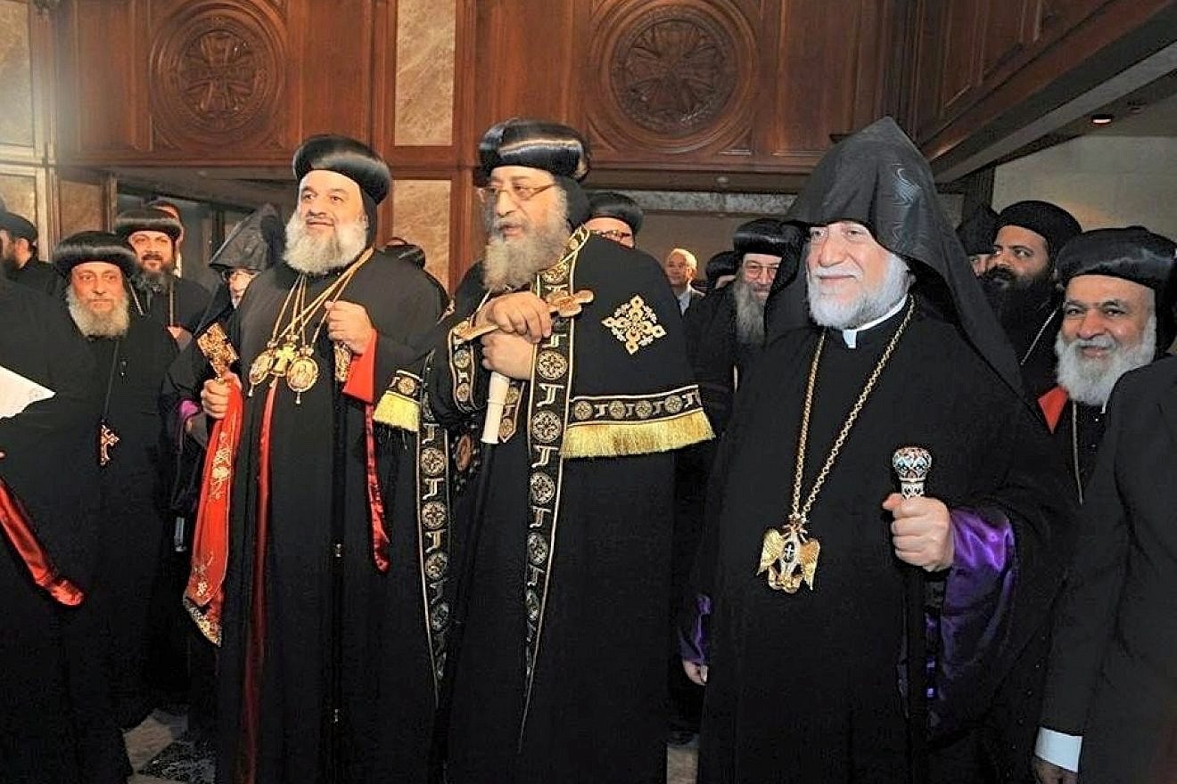 In July 2016, Pope Tawadros II of Alexandria (pictured in front at center)—the leader of Egypt’s Coptic Orthodox Church—hosts Ignatius Aphrem II (left), patriarch of Antioch and All East of the Syriac Orthodox Church, and Aram I, head of Lebanon’s Catholicosate of the Great House of Cilicia of the Armenian Apostolic Church. Credit: Wikimedia Commons.