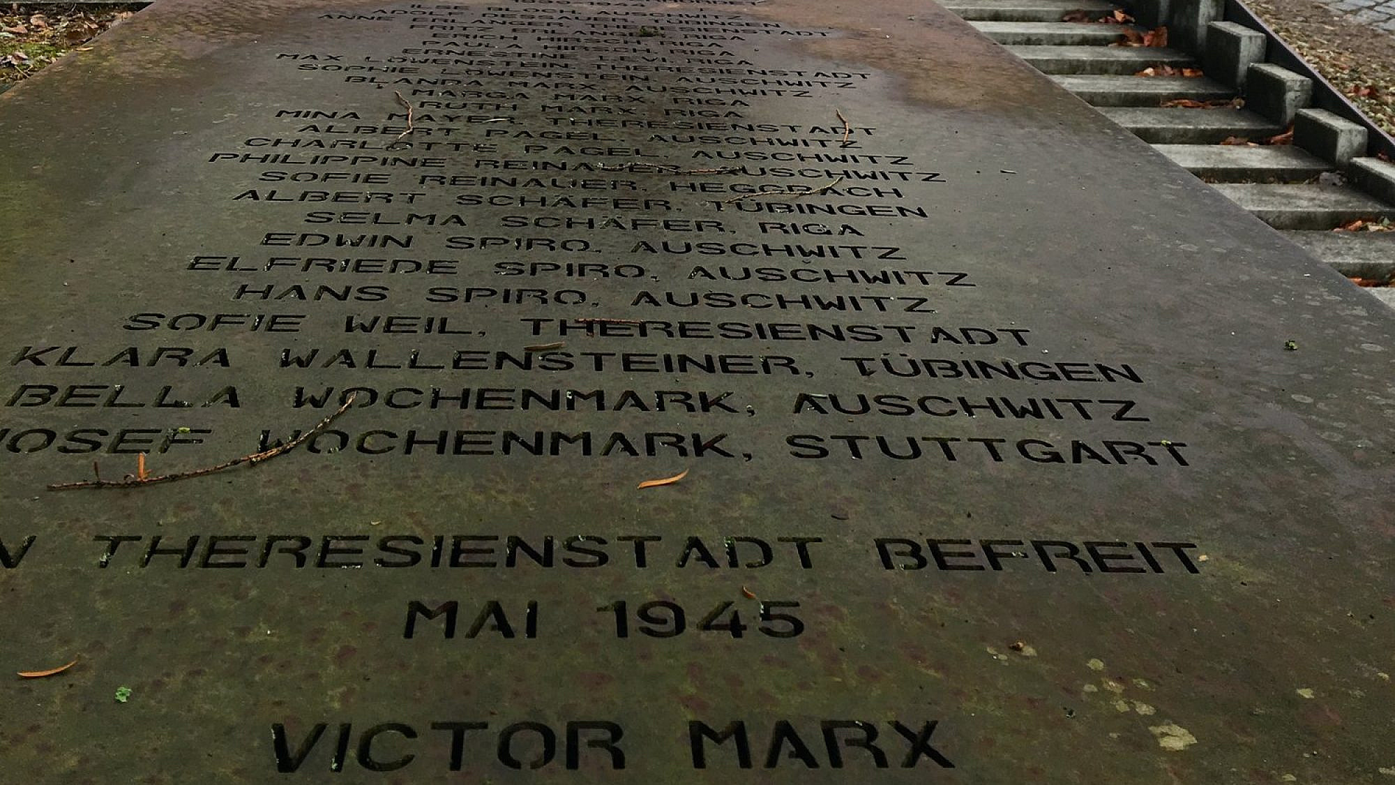 At the “synagogenplatz” (synagogue plaza) in Tübingen, Germany, a memorial to the local synagogue that was destroyed during Kristallnacht. Credit: Orit Arfa.