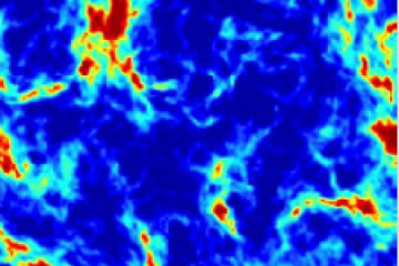 Pattern of radio waves on the sky caused by the combination of radiation from the first stars and the effect of dark matter. Blue regions are those where the dark matter cooled down the ordinary matter most strongly. Credit: Professor Rennan Barkana.