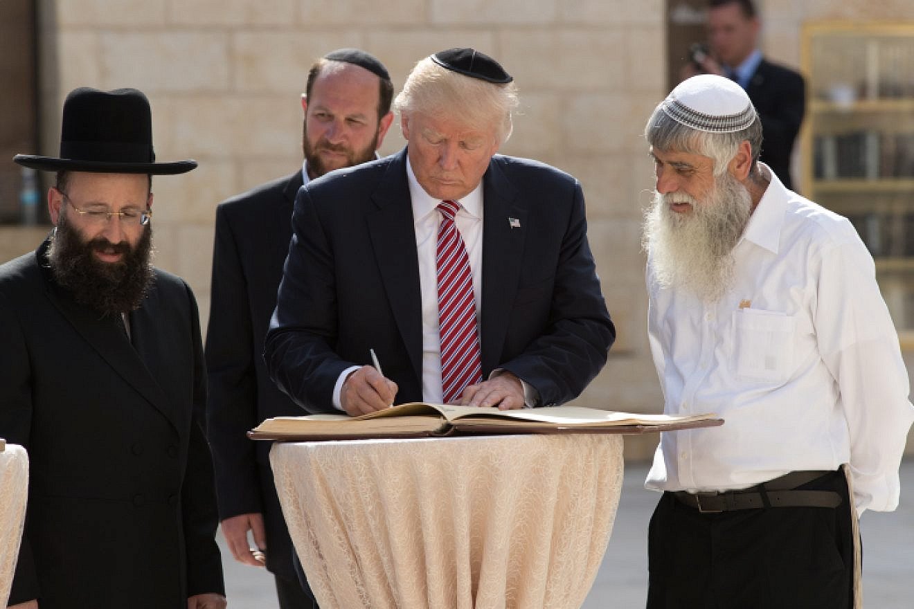 Then-U.S. President Donald Trump with Rabbi Shmuel Rabinowitz (left) at the Western Wall in Jerusalem on May 22, 2017. Photo by Nati Shohat/Flash90.