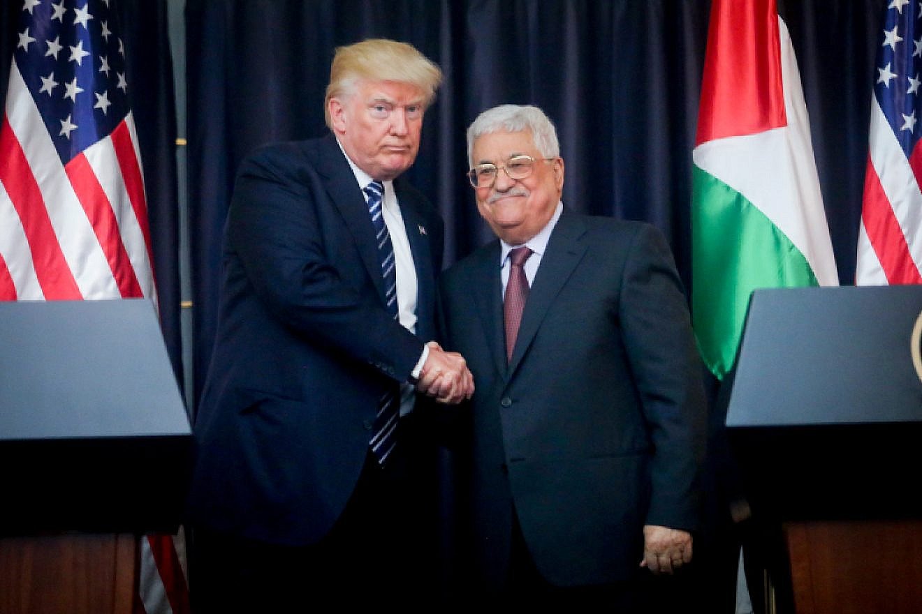 U.S. President Donald Trump and Palestinian Authority leader Mahmoud Abbas at a joint press conference in Bethlehem, May 23, 2017. Credit: Flash90.