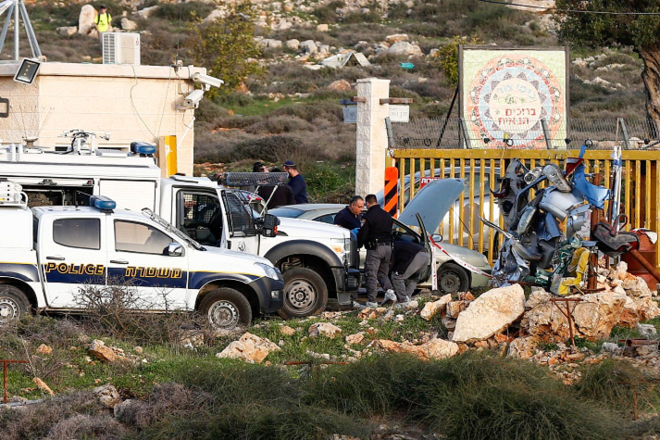 The Scene of a terror attack where a Palestinian man stabbed an Israeli security guard at the entrance to Karmei Tzur, in the West Bank on February 7, 2018. The Palestinian man was shot to death at the scene. Photo by Wisam Hashlamoun/Flash90