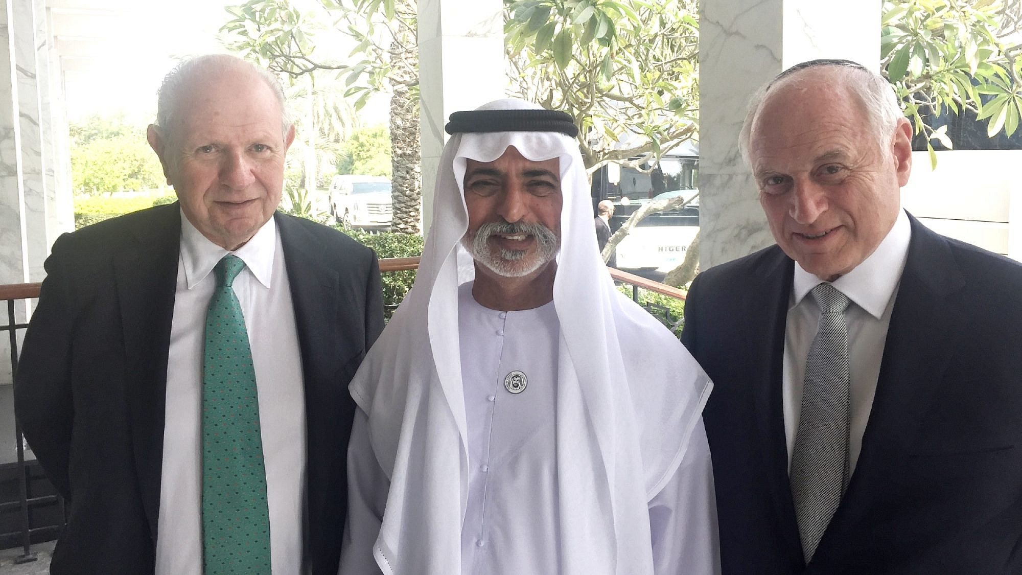 Conference of Presidents of Major American Jewish Organizations chairman Stephen Greenberg (left) and executive vice president Malcolm Hoenlein (right) meeting with United Arab Emirates’ Minister of State for Tolerance Sheikh Nahyan bin Mubarak al Nahyan, on Feb. 14, 2018. Photo courtesy of COPMAJO.