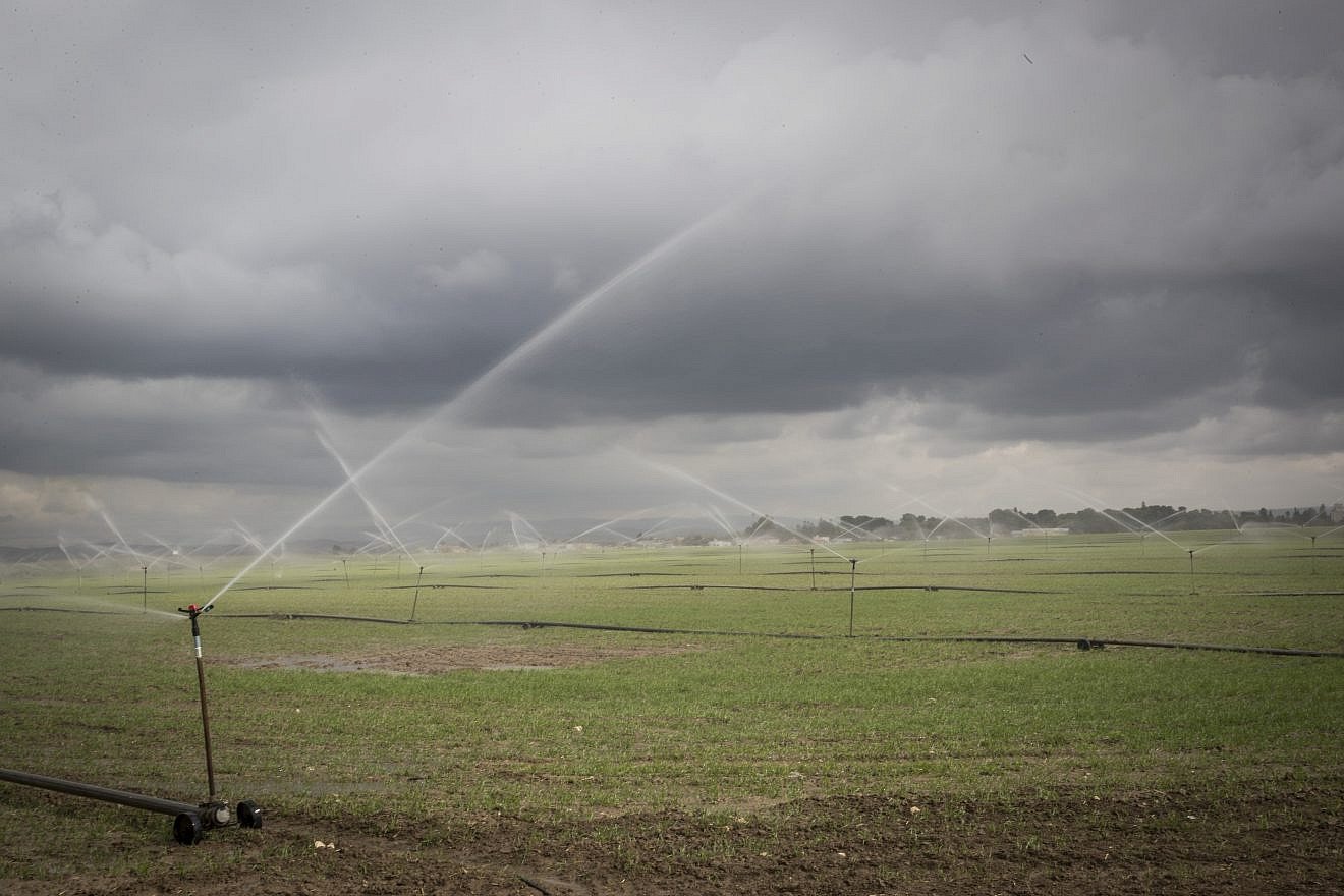 Sprinklers water the plantation fields near the southern Israeli city of Sderot, on Jan. 21, 2017. Photo by Nati Shohat/Flash90.