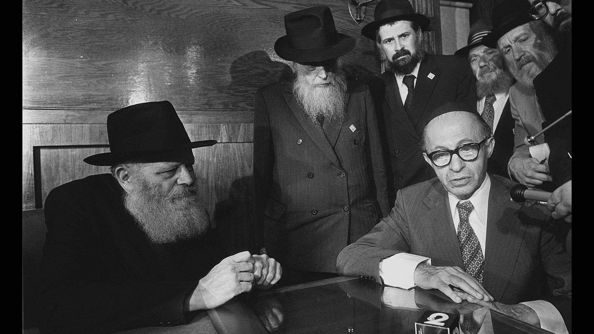 Israeli Prime Minister Menachem Begin with the Lubavitcher Rebbe, Rabbi Menachem Mendel Schneerson, in Brooklyn, N.Y. Photo by Yaacov Saar/GPO.