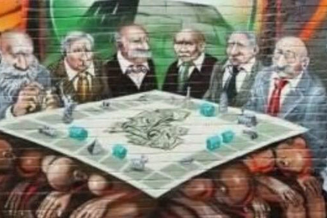 The graphic, Freedom for Humanity, was painted six years ago on a property in London’s East End by renowned international graffiti artist Kalen Ockerman. It depicted a group of Jewish businessmen and bankers sitting around a Monopoly-style board, counting money. Credit: EJP.
