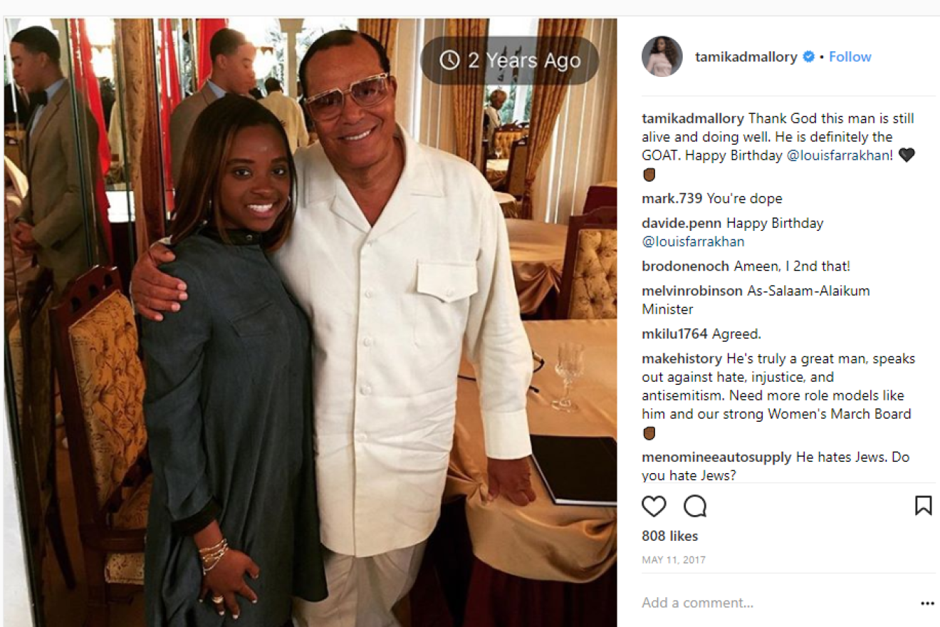 Tamika Mallory, co-president of the Women’s March, posing with Nation of Islam leader Louis Farrakhan. Source: Instagram Screenshot.
