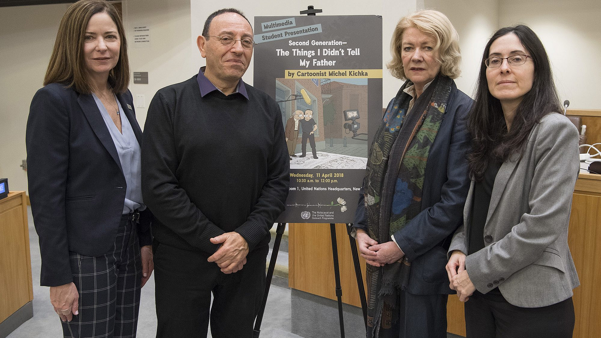 From left: Kimberly Man, Chief of U.N. Education Outreach; author Michel Kichka; Alison Smale, Undersecretary-General for Global Communications; and Noa Furman, Deputy Permanent Representative, Mission of Israel to the United Nations. Credit: U.N. Photo Eskinder Debebe