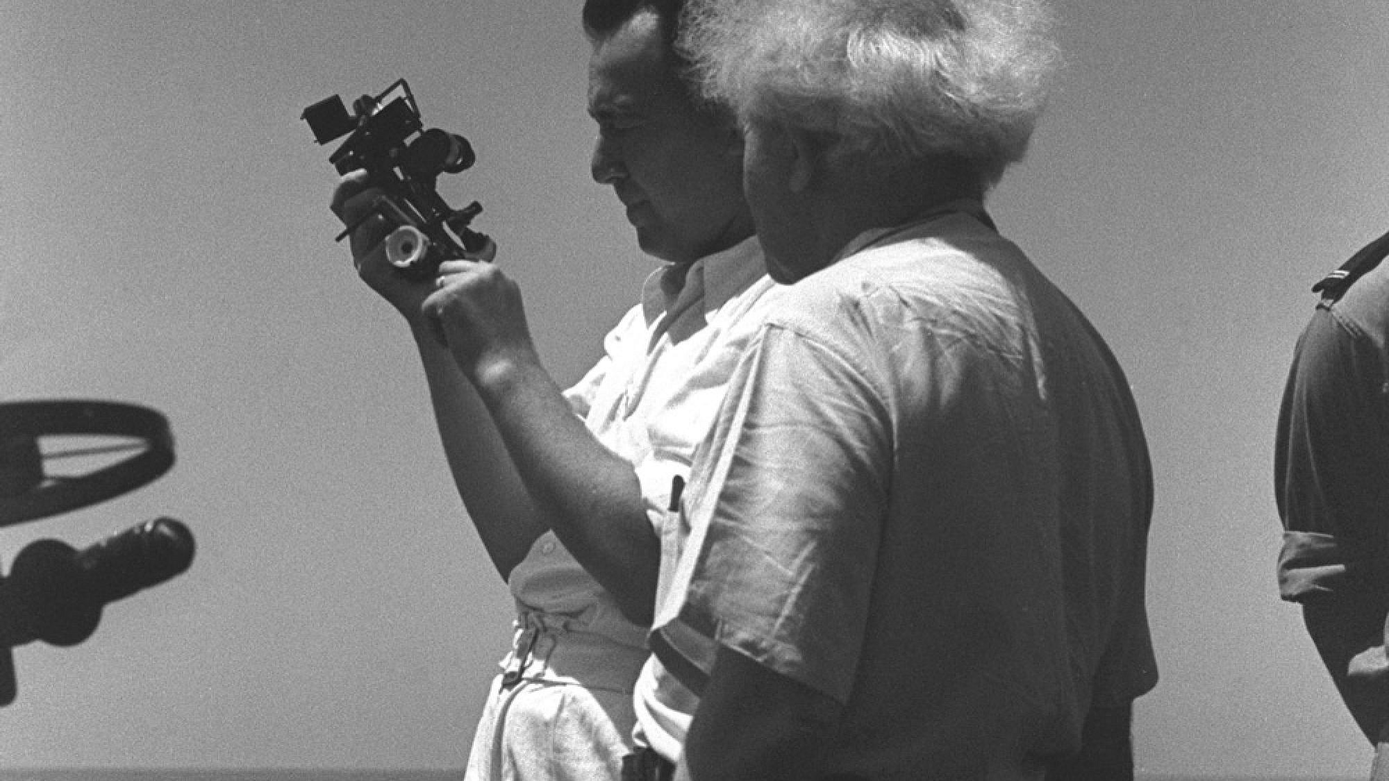 U.S. Naval Officer Paul Shulman explains to Israeli Prime Minister David Ben-Gurion how to navigate using a Sextant. Shulman, who had combat experience in the Pacific, served as the commander of the Israeli Navy from 1948 through 1949. Credit: Israel GPO.
