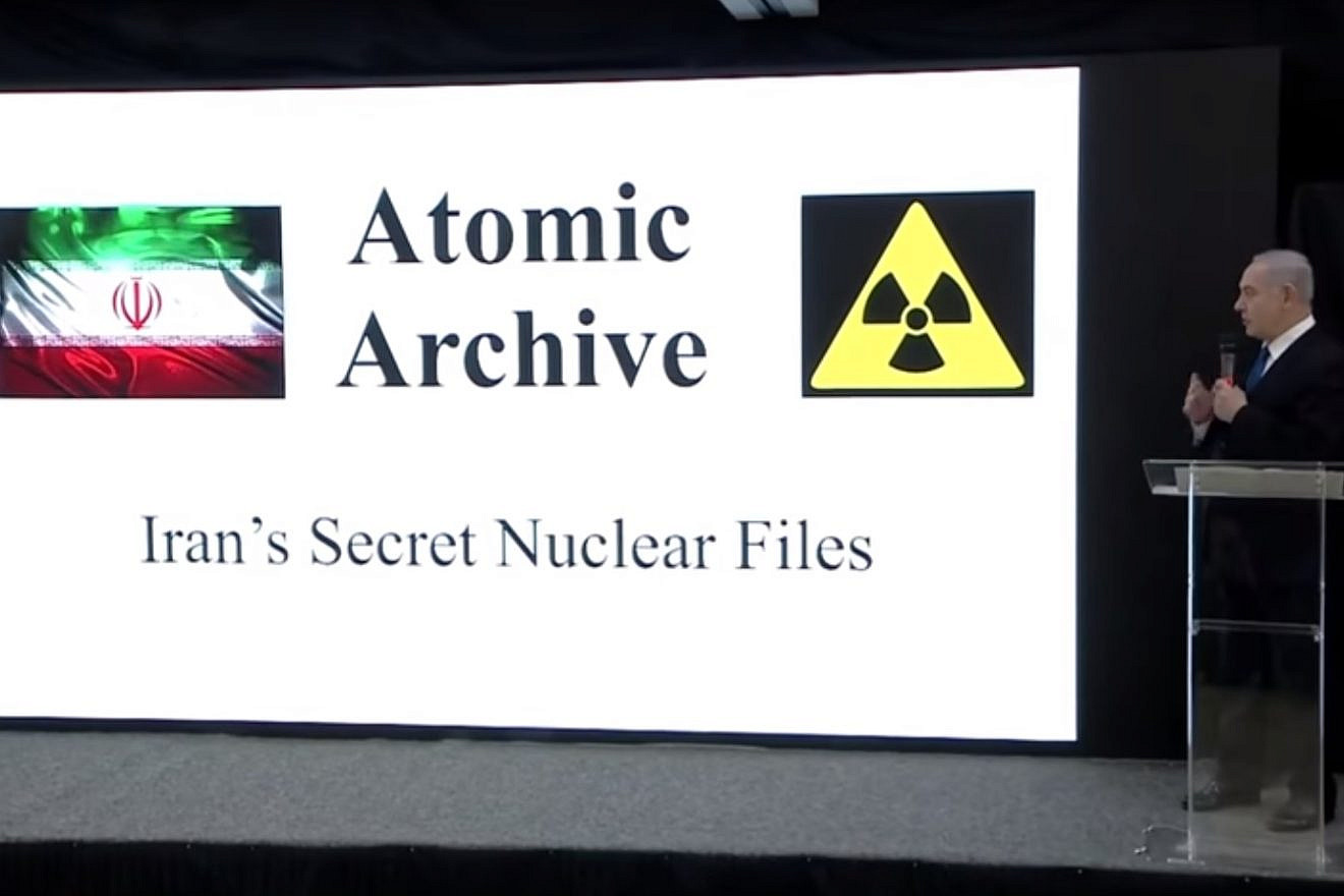 Israeli Prime Minister Benjamin Netanyahu delivering a speech from the Israeli Defense Ministry regarding evidence of Iran’s nuclear program and violation of the 2015 nuclear deal. Source: Screenshot.