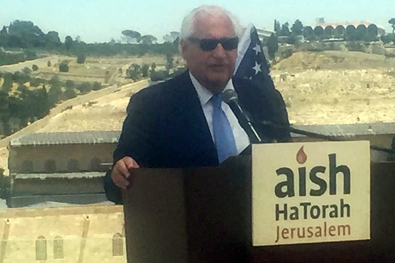 U.S. Ambassador to Israel David Friedman speaks to a group of evangelical faith leaders that serve as informal advisers to U.S. President Donald Trump on the rooftop of the Aish HaTorah Jewish learning center in Jerusalem. Credit: Alex Traiman.