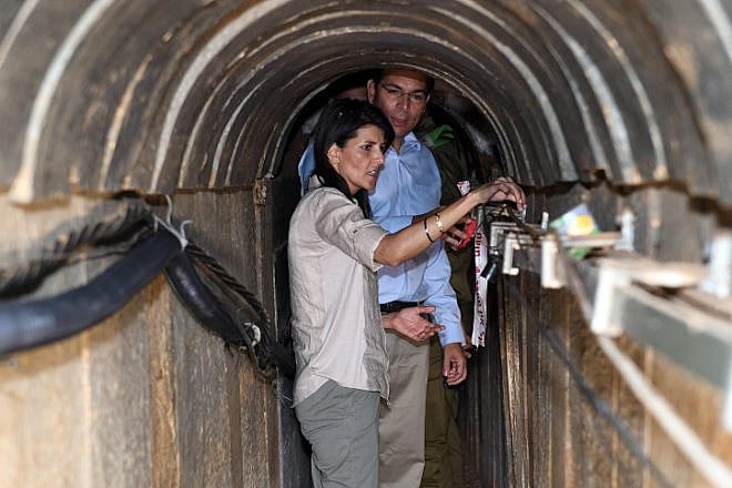 Then-U.S. Ambassador to the United Nations Nikki Haley visits a terror tunnel built by Hamas on the Israel-Gaza border, June 8, 2017. Photo by Matty Stern/U.S. Embassy Tel Aviv.