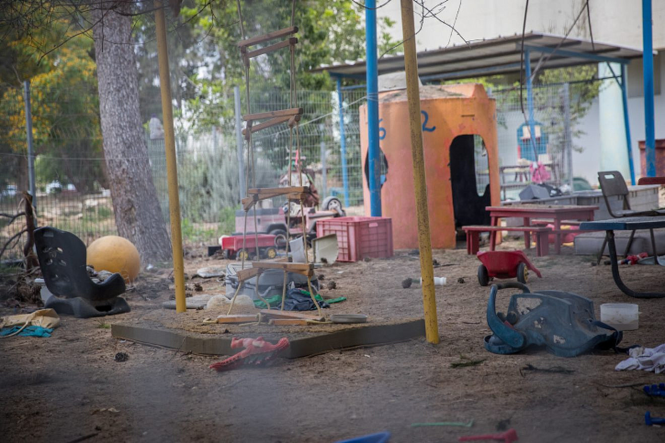 File Photo: The yard of a kindergarten struck by a mortar shell fired from Gaza on May 29, 2018. Photo by Yonatan Sindel/Flash90.