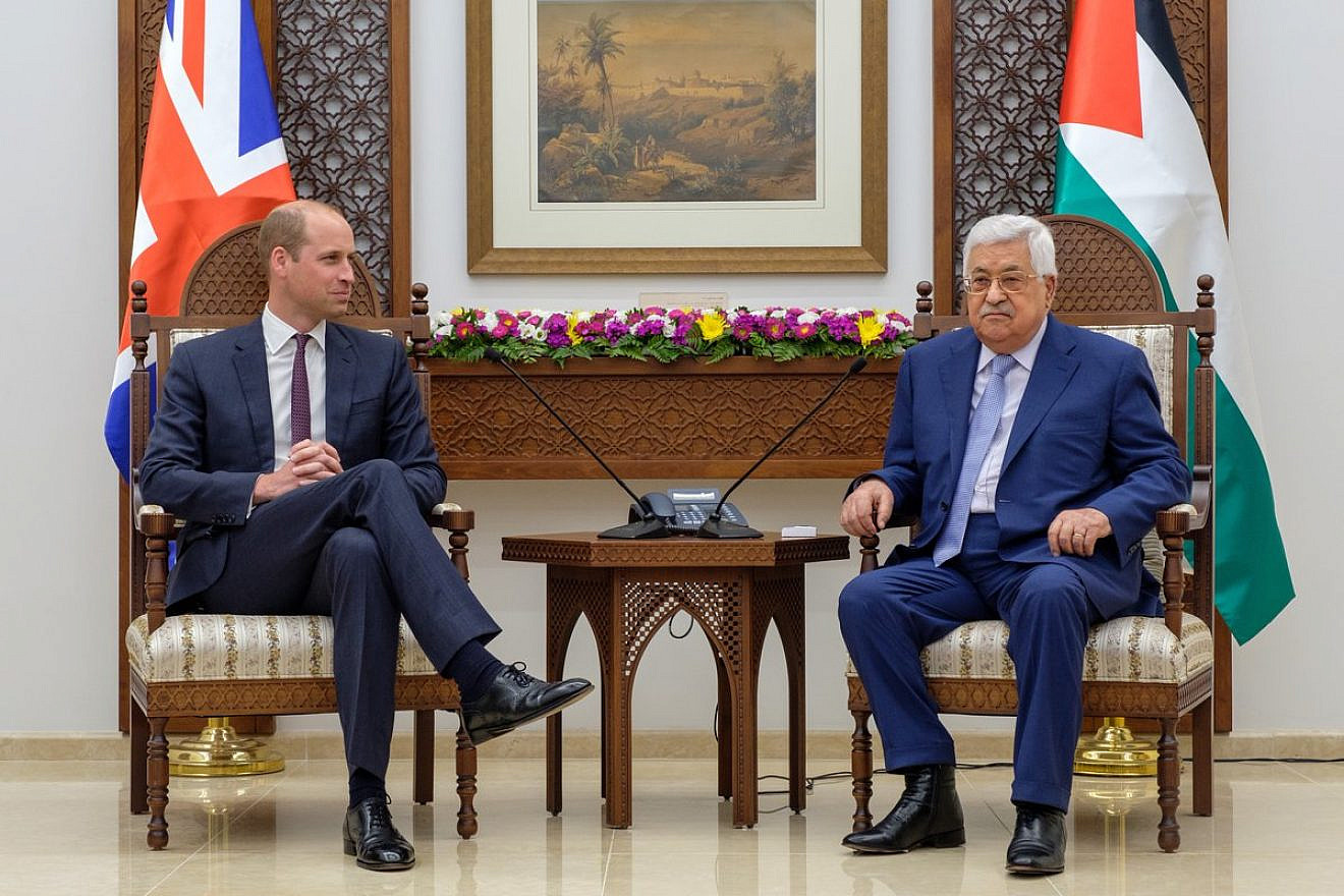 Prince William with Palestinian Authority leader Mahmoud Abbas in Ramallah. Credit: Kensington Palace via Twitter.