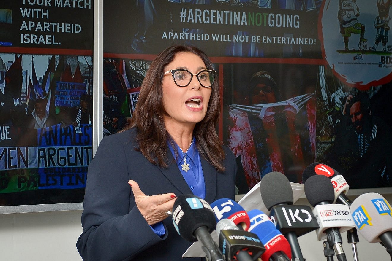Israeli Minister of Sports and Culture Miri Regev speaks to the press at the sports ministry’s offices in Tel Aviv on June 6, 2018. Photo by Yossi Zeliger/Flash90.