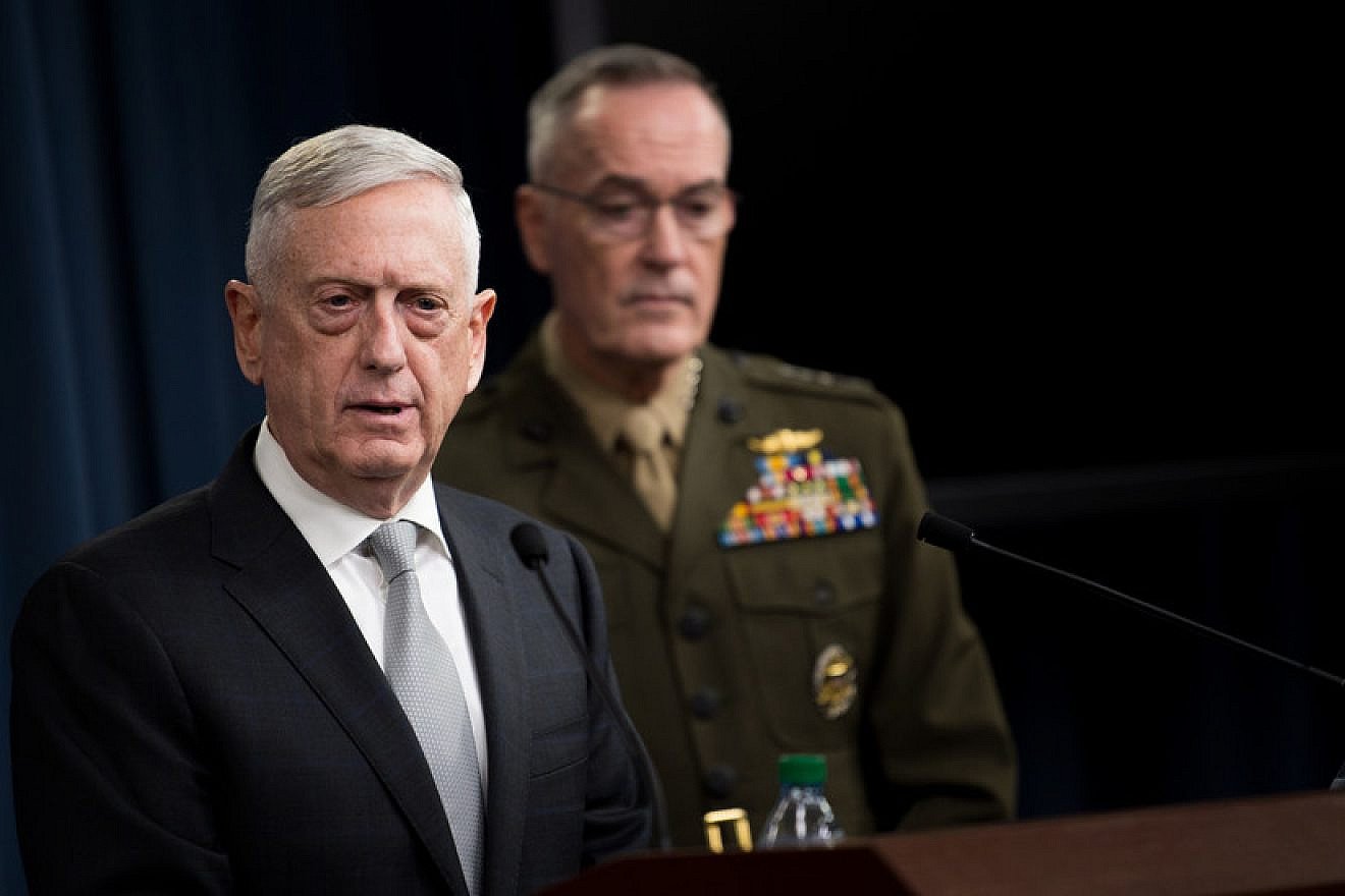 U.S. Defense Secretary James Mattis and U.S. Marine Gen. Joseph F. Dunford Jr. brief reporters on current American airstrikes on Syria during a joint press conference at the Pentagon on April 13, 2018. Credit: Department of Defense Photo by U.S. Army Sgt. Amber I. Smith.