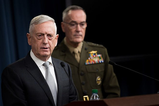 U.S. Defense Secretary James Mattis and U.S. Marine Gen. Joseph F. Dunford Jr. brief reporters on current American airstrikes on Syria during a joint press conference at the Pentagon on April 13, 2018. Credit: Department of Defense Photo by U.S. Army Sgt. Amber I. Smith.