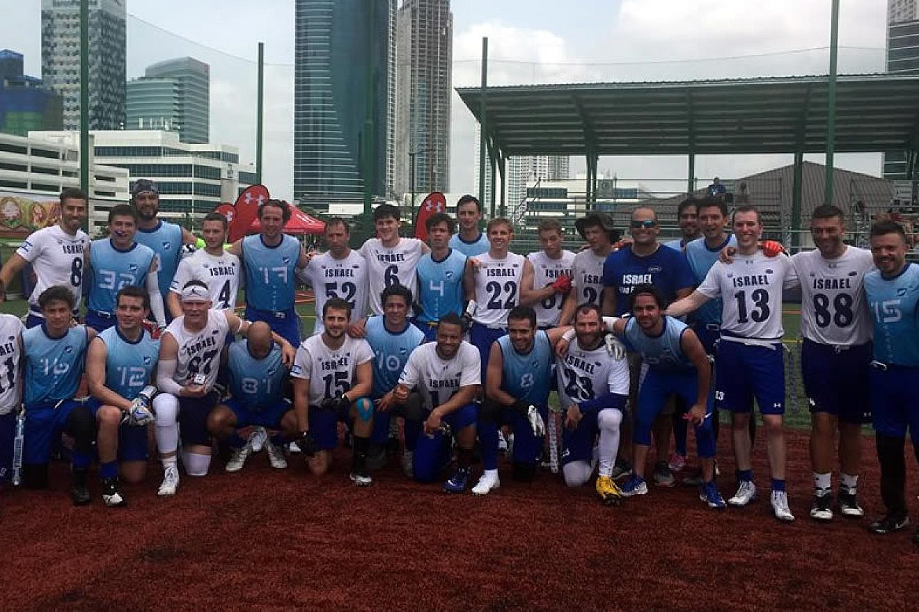 The American Football in Israel men’s national team with the Guatemalan team at the World Championships of American Flag Football in Panama. Credit: Courtesy.